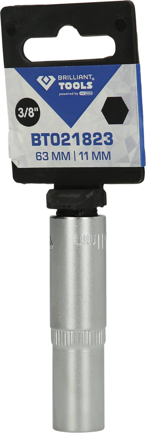 Zdjęcie klucza nasadowego marki Brilliant Tools o numerze artykułowym BT021823, o długości 63 mm i rozmiarze 11 mm. Opakowanie widoczne.