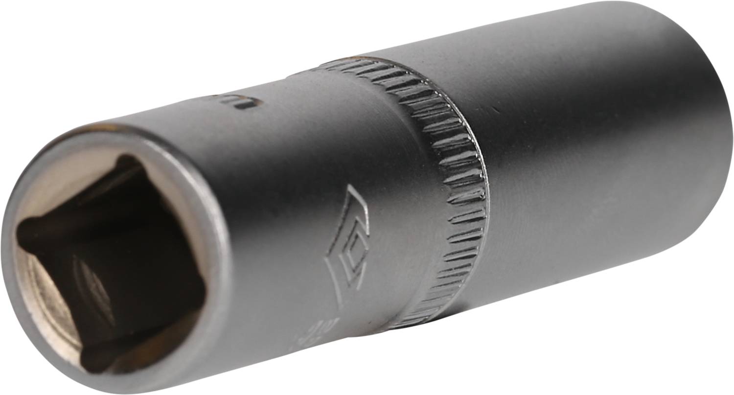 Czarny klucz nasadowy z otworem sześciokątnym, odpowiedni do grzechotek lub kluczy płaskich.