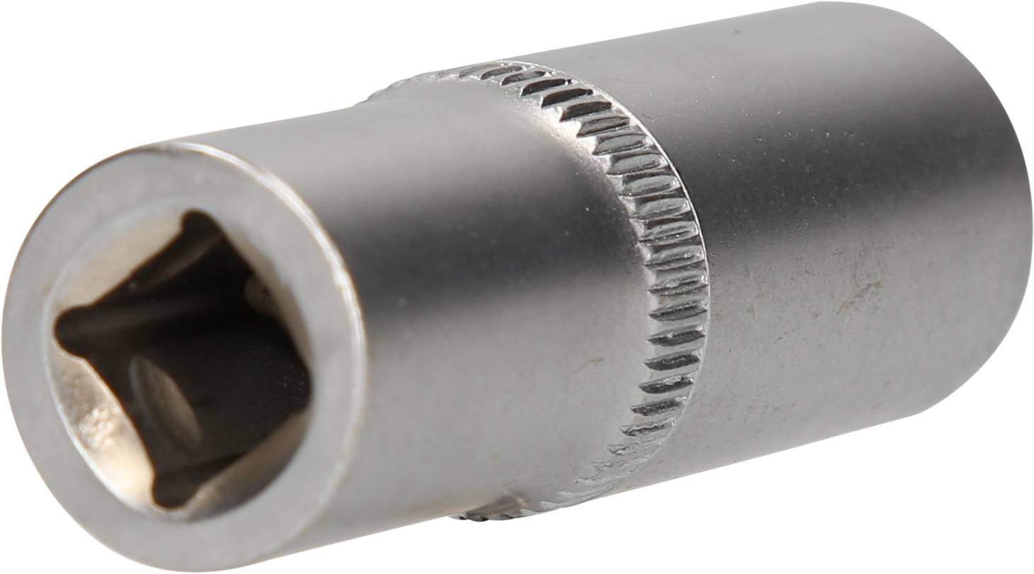 Srebrna nakrętka z karbowanym brzegiem i kwadratową wstawką.