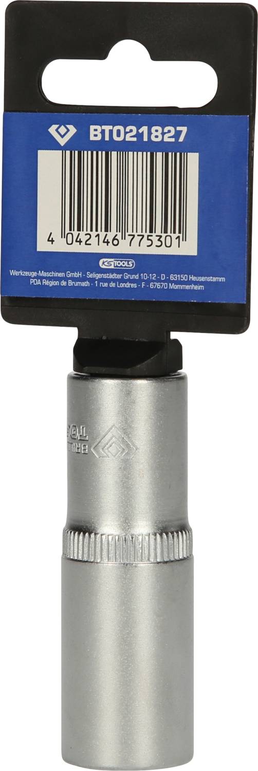 Srebrne narzędzie w niebieskim opakowaniu. Górna etykieta wskazuje 'BT021827' oraz kod kreskowy. Instrukcja obsługi na dolnej części.