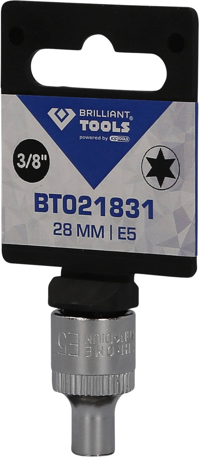 Nasadka 'Brilliant Tools', model BT021831, rozmiar 28 mm, profil E5. Opakowanie zawiera logo i oznaczenie 3/8".