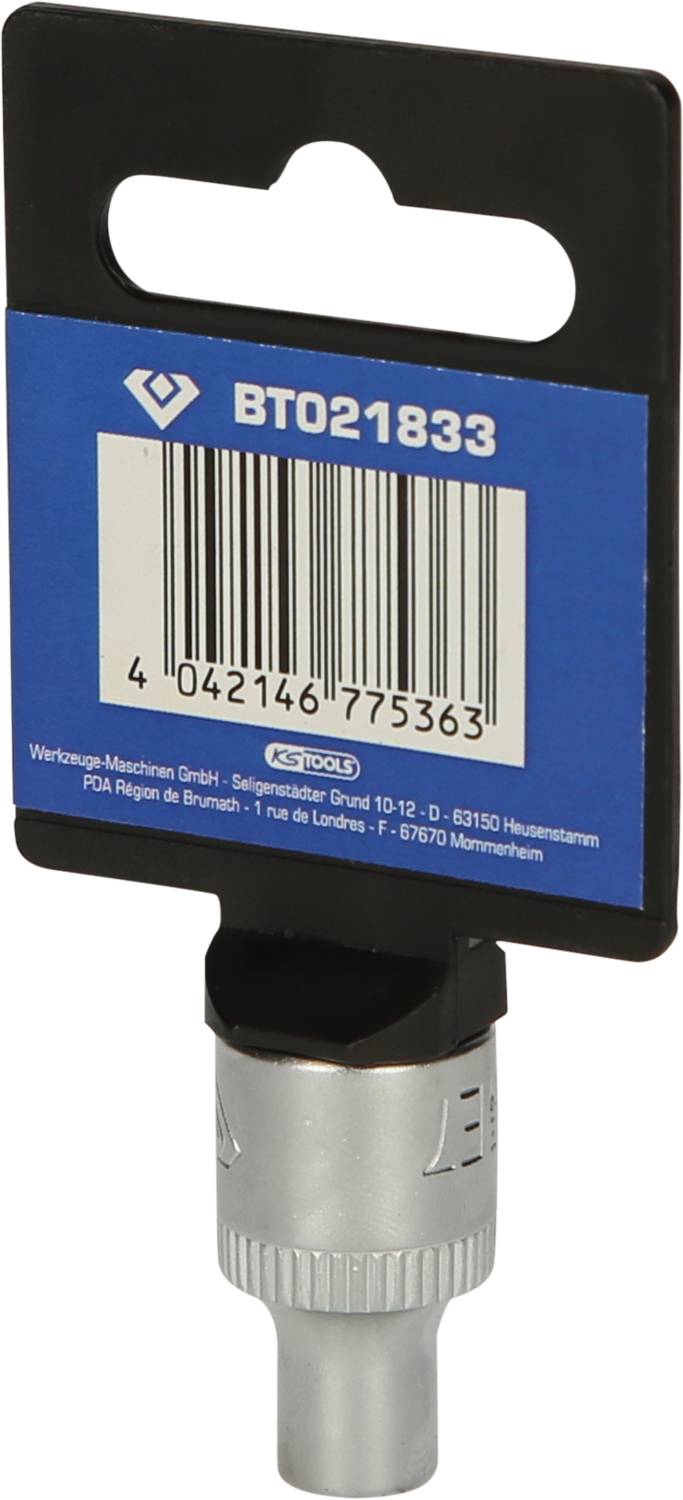 Srebrna nakrętka śrubowa w plastikowym opakowaniu z etykietą przedstawiającą napis 'BTO21833'.