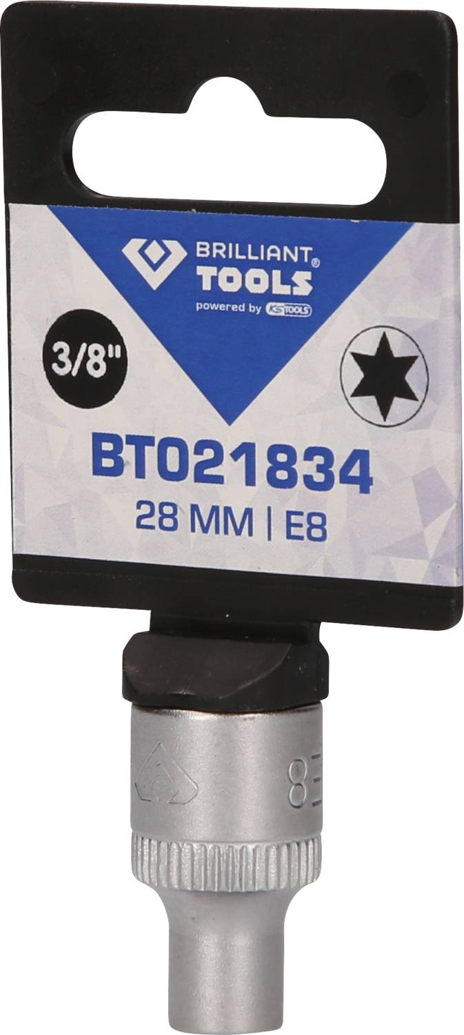 Trzyczwarte-calowe narzędzie Brilliant Tools, BT021834, rozmiar 28 mm, E8, na czarnym plastikowym wieszaku z otworem.