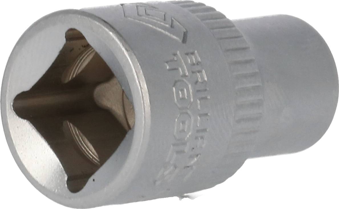 Srebrny nasadowy klucz nasadzany z sześciokątnym otworem i żłobionym uchwytem. Wygrawerowana nazwa marki 'BRILLIANT TOOLS'.