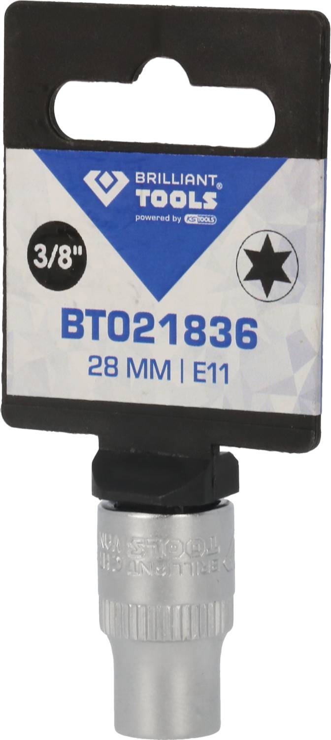 Rysunek przedstawia narzędzie do nakrętek wtykowych z oznaczeniem 'BT021836' i rozmiarem '28 MM | E11', zamontowane na uchwycie.