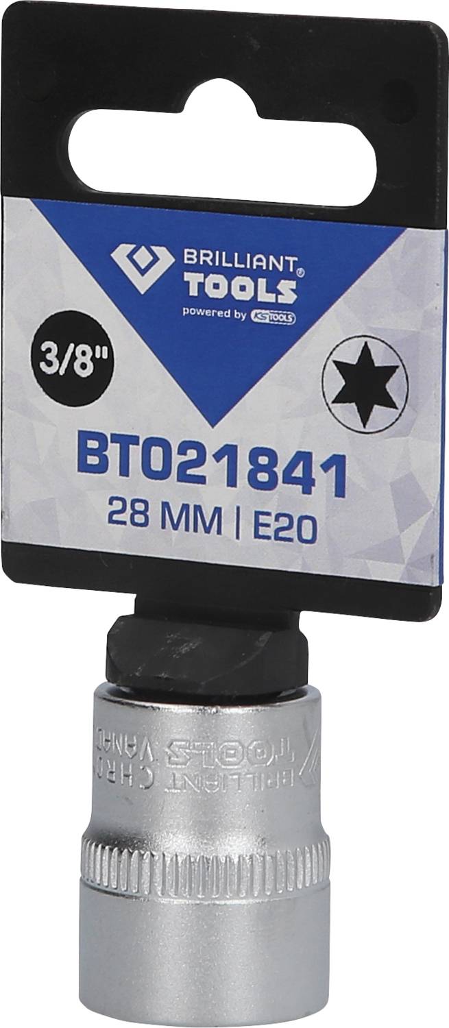 Klucz nasadowy Brilliant Tools, model BT021841, rozmiar 28 mm, E20, z napędem 3/8 cala.