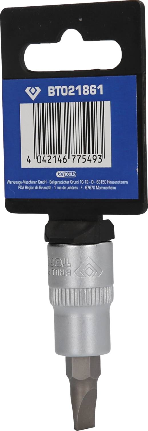 Bit wkrętaka z etykietą produktu 'BTO21861', kodem kreskowym i informacjami producenta na niebieskim tle.