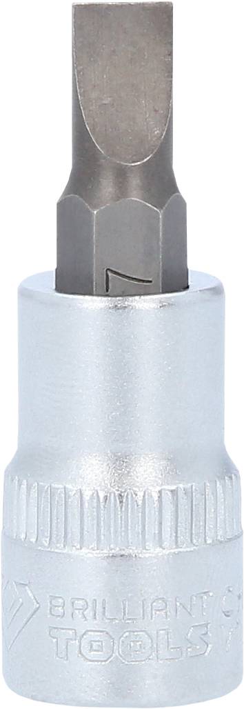 Srebrny wkład do wkrętaka z płaskim metalowym ostrzem, stosowany w narzędziach ślusarskich.