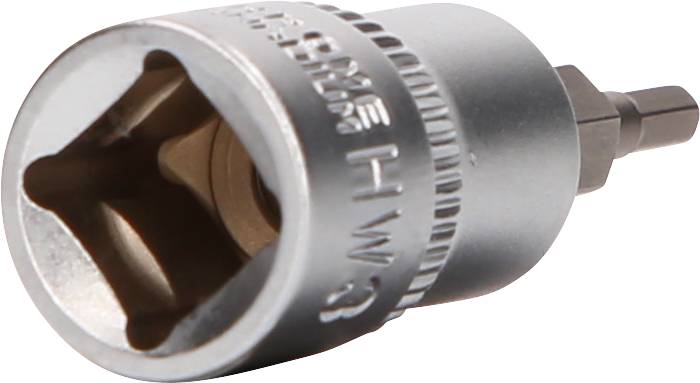 Srebrny adapter sześciokątny do wkrętaków, przeznaczony do łączenia bitów i końcówek wkrętarskich.