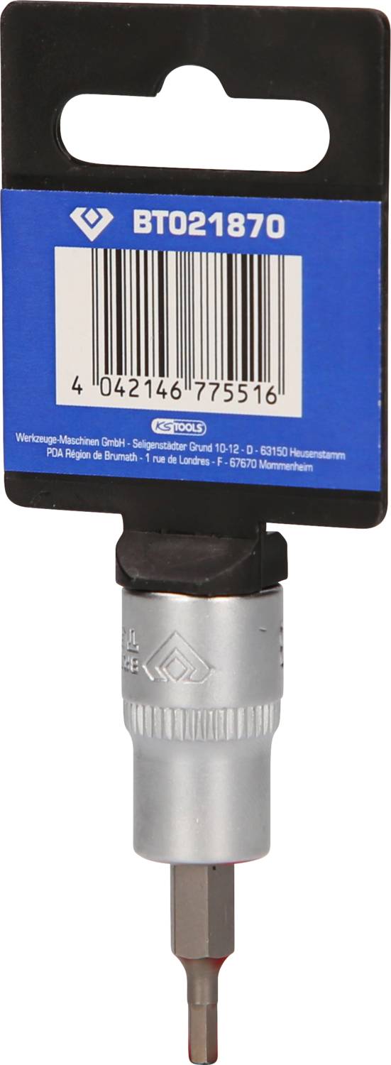 Sześciokątny uchwyt do bitów z zawieszką do opakowania, oznakowaniem marki i kodem kreskowym na górze. Odpowiedni do prac śrubowych.