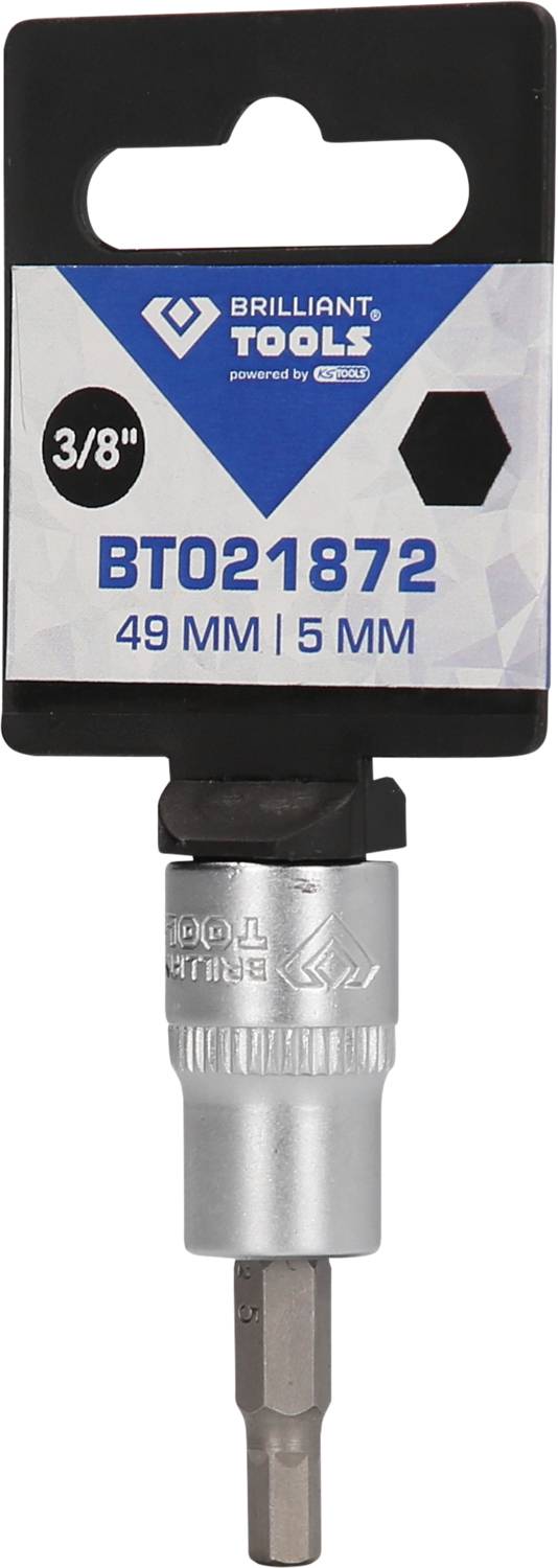 Sześciokątny bit z uchwytem, marka 'Brilliant Tools', numer modelu BT021872, rozmiar 49 mm i 5 mm, zamocowany na opakowaniu.