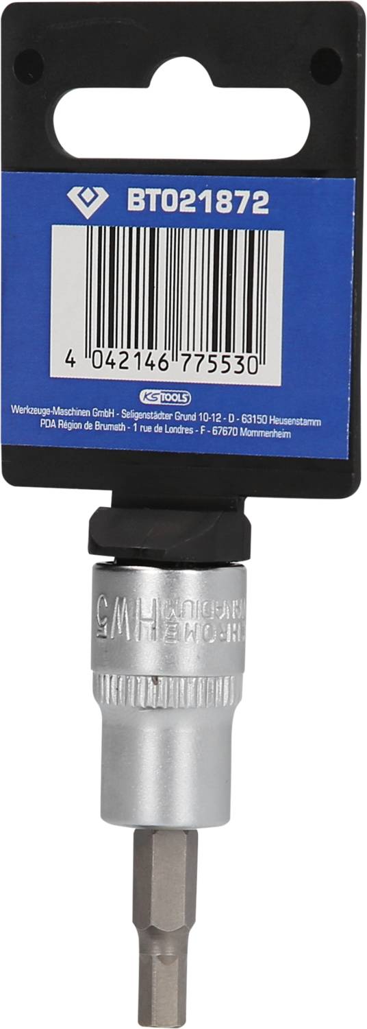 Sześciokątny uchwyt na bity w niebieskim opakowaniu. Na górze znajduje się numer produktu 'BT021872', a poniżej kod kreskowy.