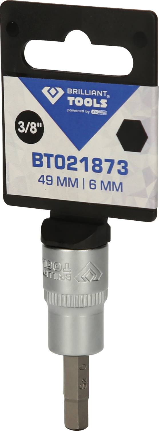 Srebrny łeb śrubokręta z czarnym uchwytem. Etykieta wskazuje: Brilliant Tools, 3/8", BT021873, 49 mm, 6 mm.