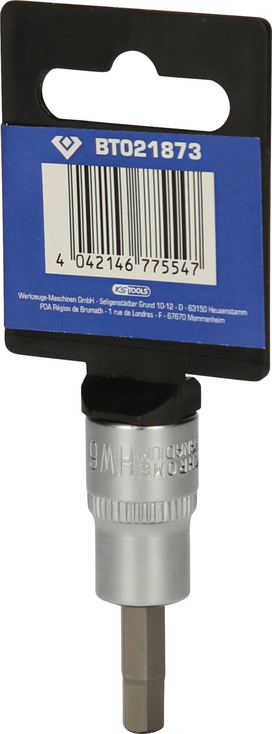Bit z sześciokątnym uchwytem i kodem kreskowym na opakowaniu. Numer modelu 'BT021873'. Odpowiedni do różnych narzędzi.