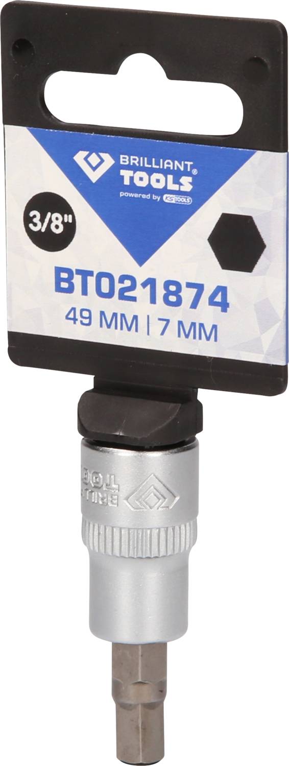 Nasadka bit firmy Brilliant Tools, długość 49 mm, sześciokąt 7 mm, napęd 3/8". Karta produktowa przedstawia szczegóły marki.