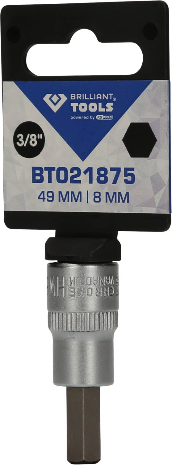 Sześciokątny adapter bitów marki Brilliant Tools, rozmiar 3/8", długość 49 mm, szerokość 8 mm.