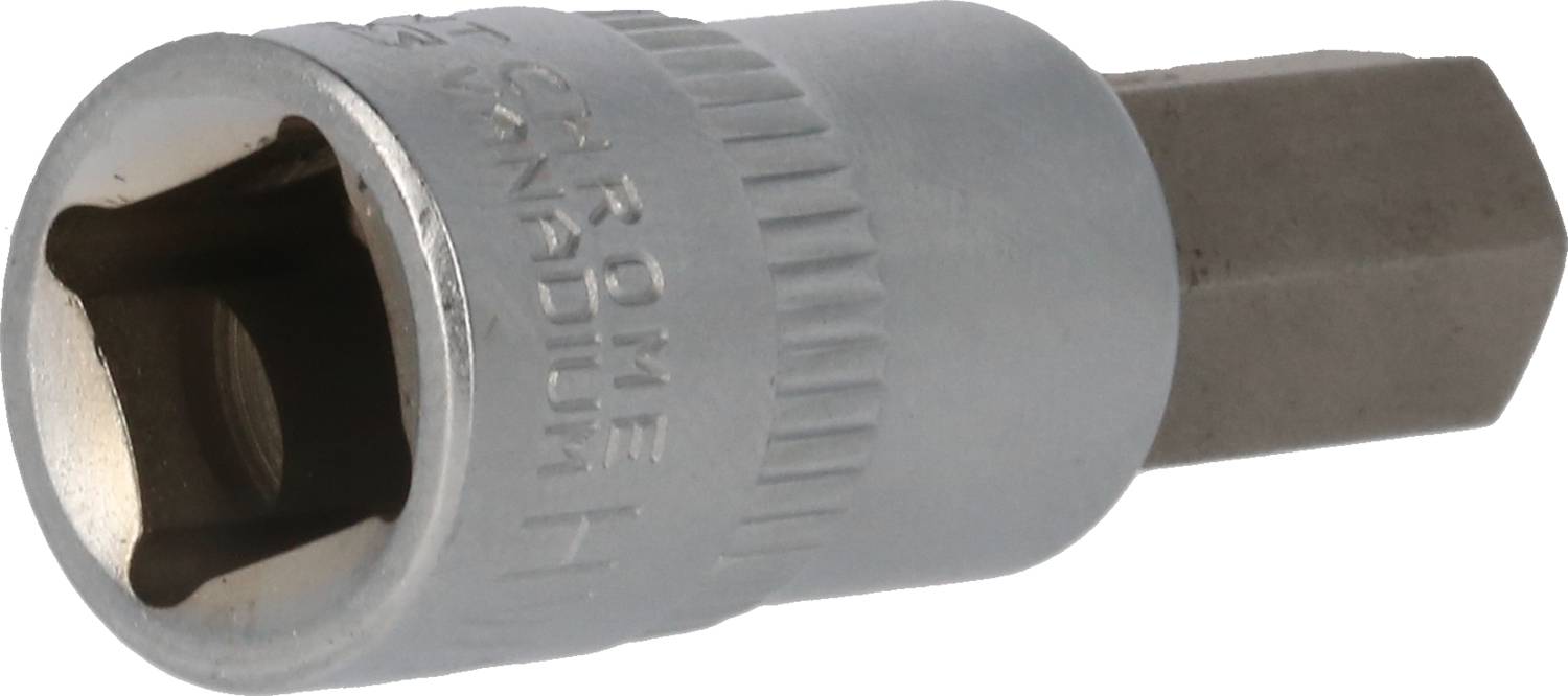 Srebrny klucz nasadowy o przekroju sześciokątnym z napisem 'CHROME VANADIUM', przeznaczony do użycia wraz z kluczem płaskim.