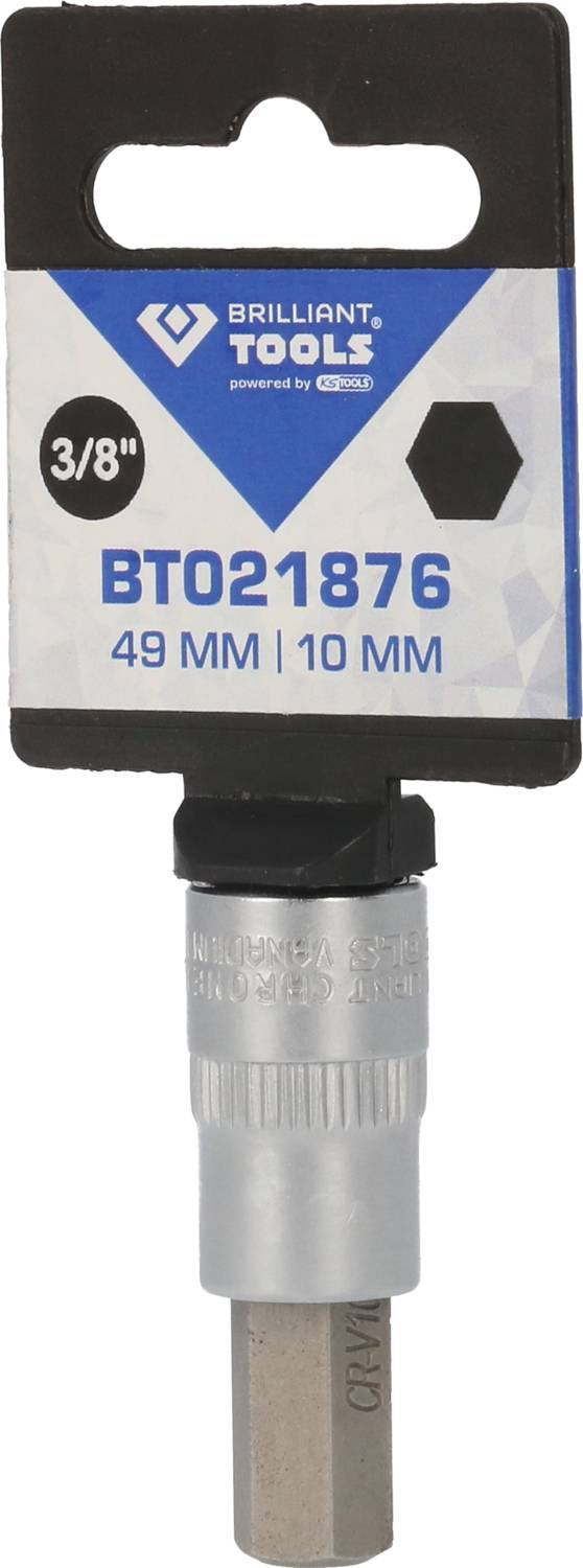 Nasadka 3/8 cala, numer modelu BT021876, długość 49 mm, rozmiar 10 mm, firmy 'Brilliant Tools'.
