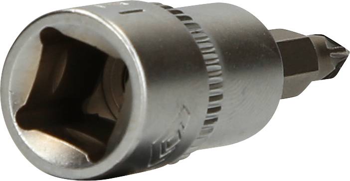 Zbliżenie srebrnego klucza płaskiego o sześciokątnej główce i ryflowanym uchwycie, na białym tle.