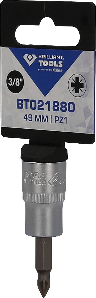 Wkładka do wkrętaka z nadrukiem na opakowaniu, włącznie z oznakowaniem 'BT021880 49 mm PZ1' oraz symbolem odpowiedniego kształtu końcówki.