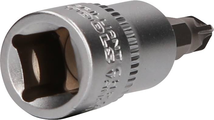 Bit śrubowy ma kształt sześciokątny i jest zintegrowany z metalowym uchwytem. Powierzchnia jest błyszcząca i srebrzysta.