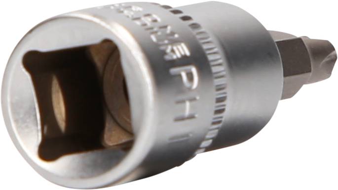 Srebrny adapter klucza nasadowego z końcówką sześciokątną wewnętrzną.
