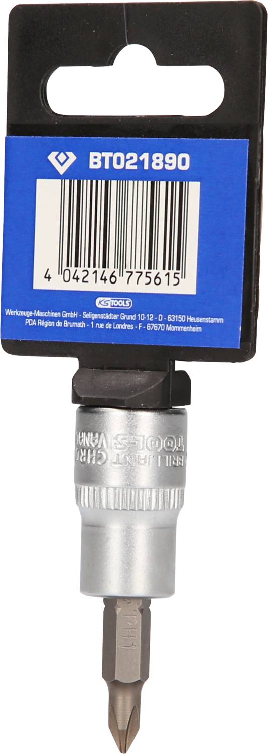 Zdjęcie przedstawia srebrny bit wkrętakowy z magnetycznym szybkozłączem, zamocowany na niebieskim opakowaniu z tworzywa sztucznego.