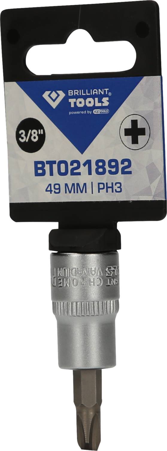 Bit wkrętakowy Brilliant Tools 3/8 cala PH3, o długości 49 mm, przedstawiony na czarno-niebieskiej etykiecie. Odpowiedni do prac rzemieślniczych.