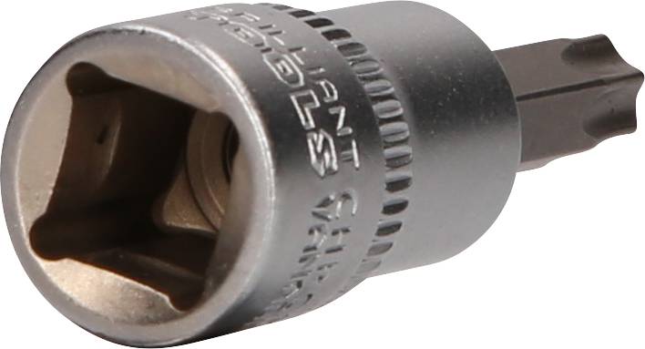 Srebrny nasadowy klucz z sześciokątnym profilem i końcówką bit. Odpowiedni do zastosowań mechanicznych i ręcznych.