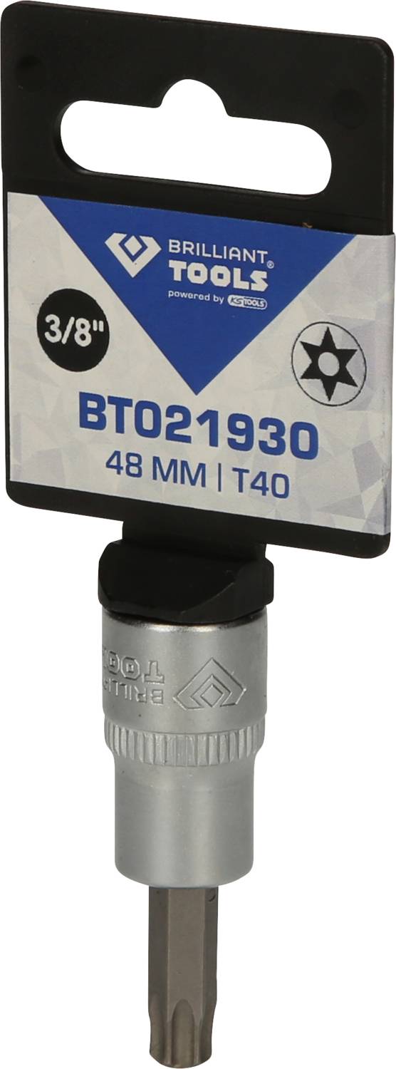 Srebrny adapter bit Torx z czarnym uchwytem, na którym widnieje napis 'Brilliant Tools BT021930 48 MM T40'.