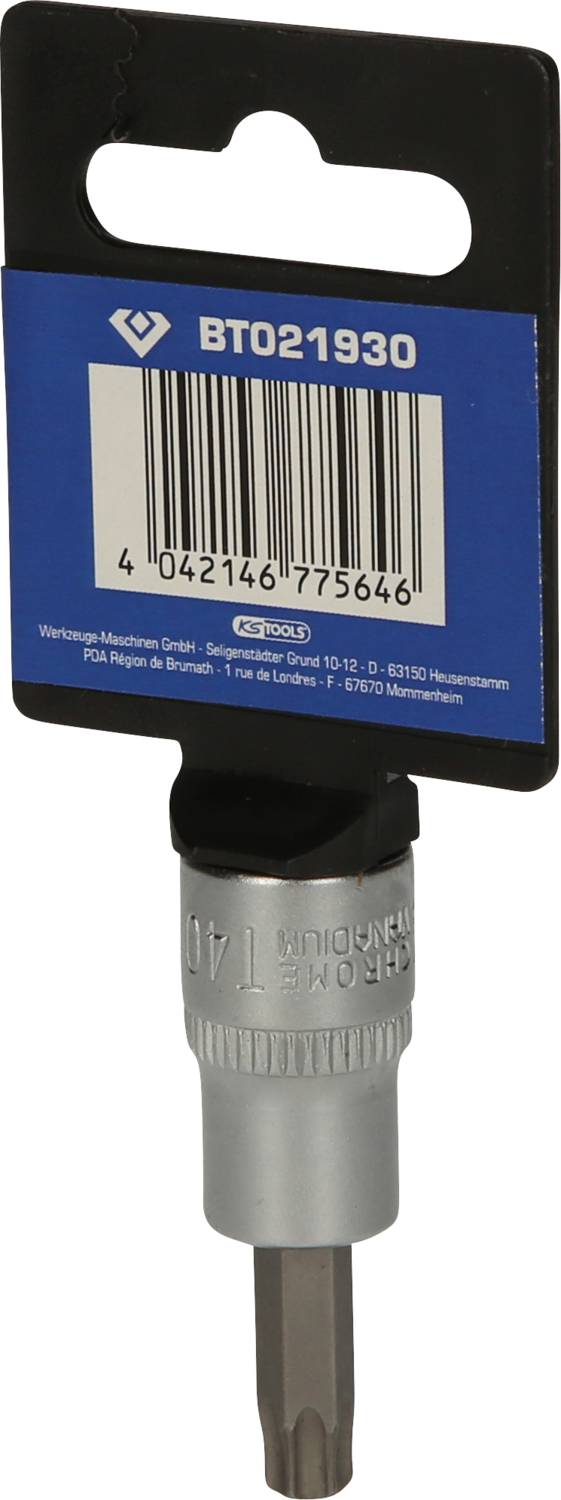 Końcówka śrubokręta metalowa w opakowaniu, rozmiar T40, z kodem kreskowym i niebieską kartą produktu.