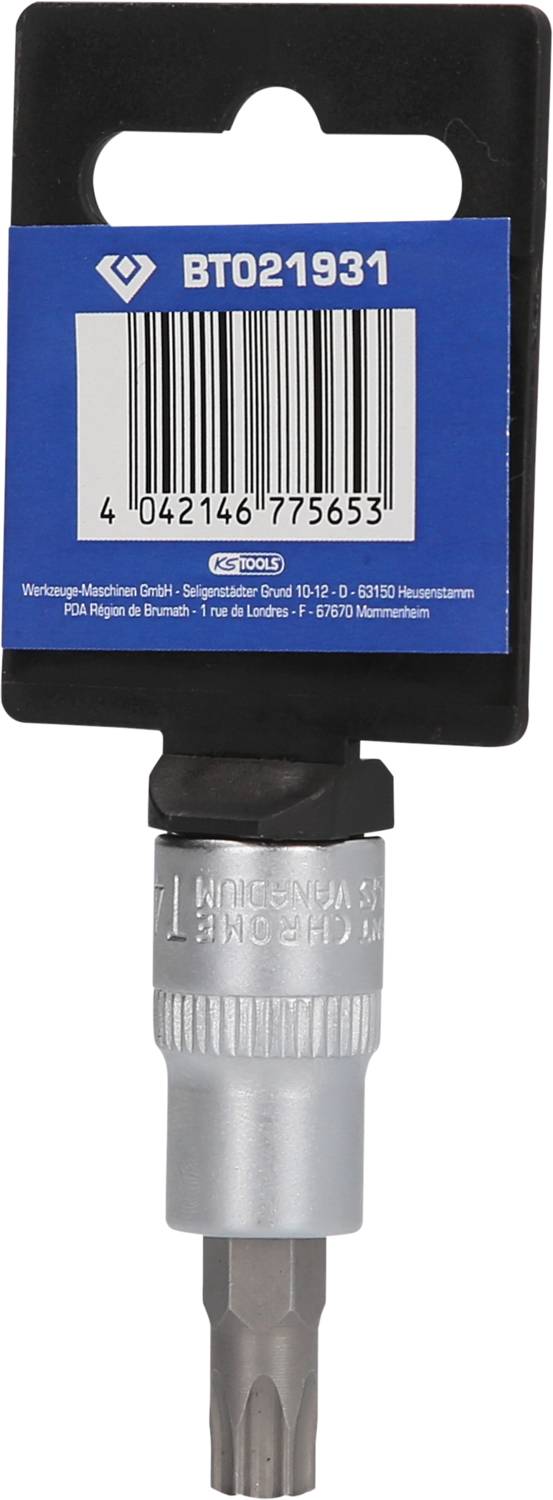 'BTO21931' Nasadka z opakowaniem, srebrny bit Torx, czarna opaska z niebieską etykietą i kodem kreskowym na górze.