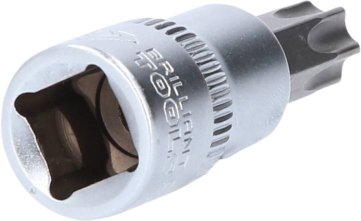 Bit wkrętaka z łbem Torx oraz obudową z metalu w kolorze srebrnym.