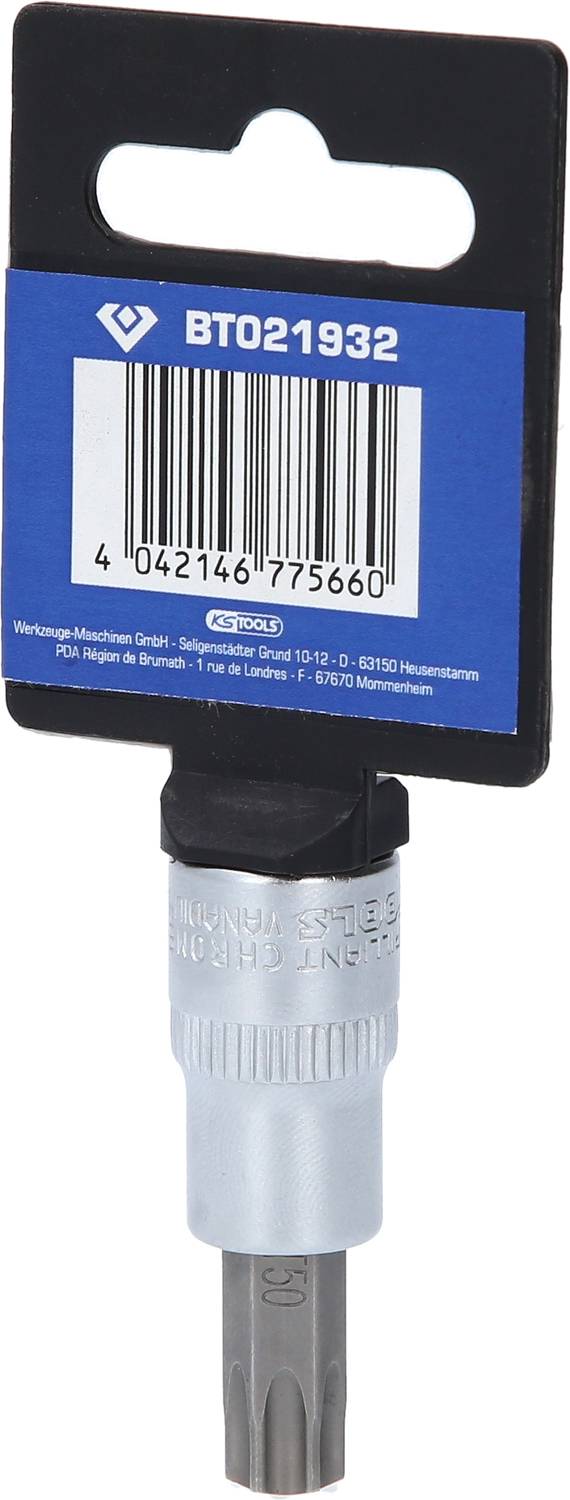 Klucz nasadowy z bitem Torx, opakowanie niebiesko-białe, etykieta z kodem kreskowym na górze.