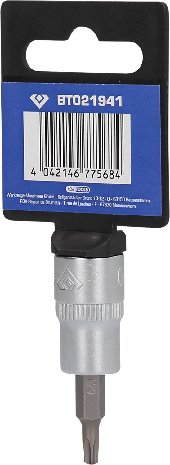 'Ostrze wkrętakowe z niebieską etykietą i kodem kreskowym. Numer produktu BT021941. Srebrna metalowa część od spodu.'