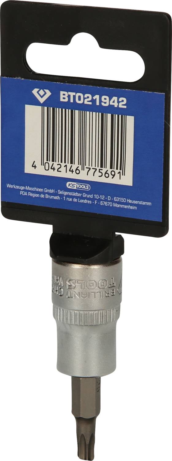 Nasadka bitowa z niebieską etykietą, numer produktu BT021942, w czarno-srebrnej kolorystyce, producent Bedrunka+Hirth.