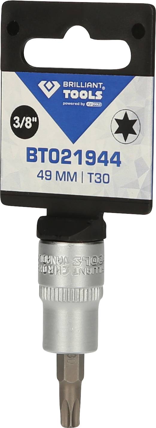 Bit z chwytem sześciokątnym 3/8 cala, długość 49 mm, rozmiar T30. Nadruk na opakowaniu: 'BRILLIANT TOOLS', numer artykułu 'BT021944'.