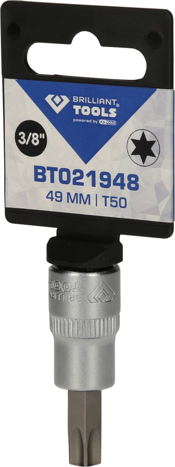 Klucz bit 'BT021948' o rozmiarze T50 i długości 49 mm, odpowiedni do uchwytów 3/8", prezentowany na karcie opakowania produktu.