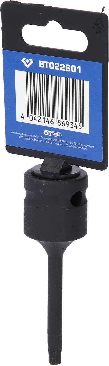 Czarna wiertarka z opakowaniem i kodem kreskowym, model BTO22601. Odpowiednia do zastosowań profesjonalnych.