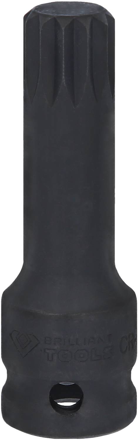Czarne narzędzie, prawdopodobnie nasadka klucza nasadowego, cylindryczne z ząbkowanym końcem, odpowiednie do pracy z śrubami lub nakrętkami.