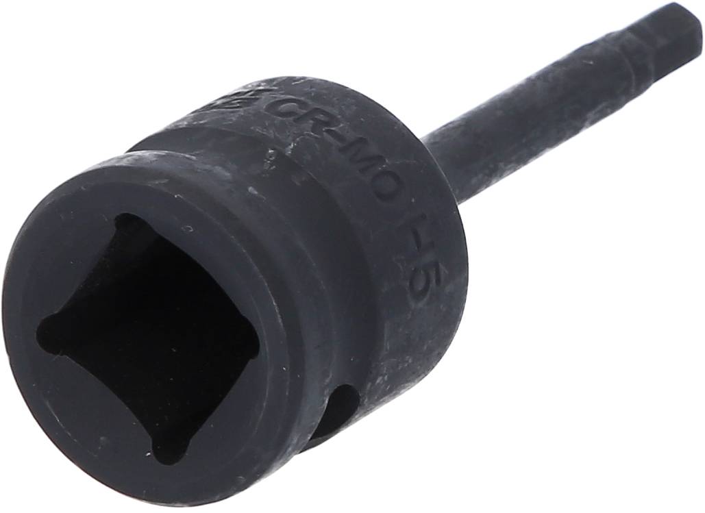 Czarna nakrętka sześciokątna o wydłużonej formie, stosowana do mocowania śrub lub nakrętek, wykonana z wytrzymałego materiału stalowego.