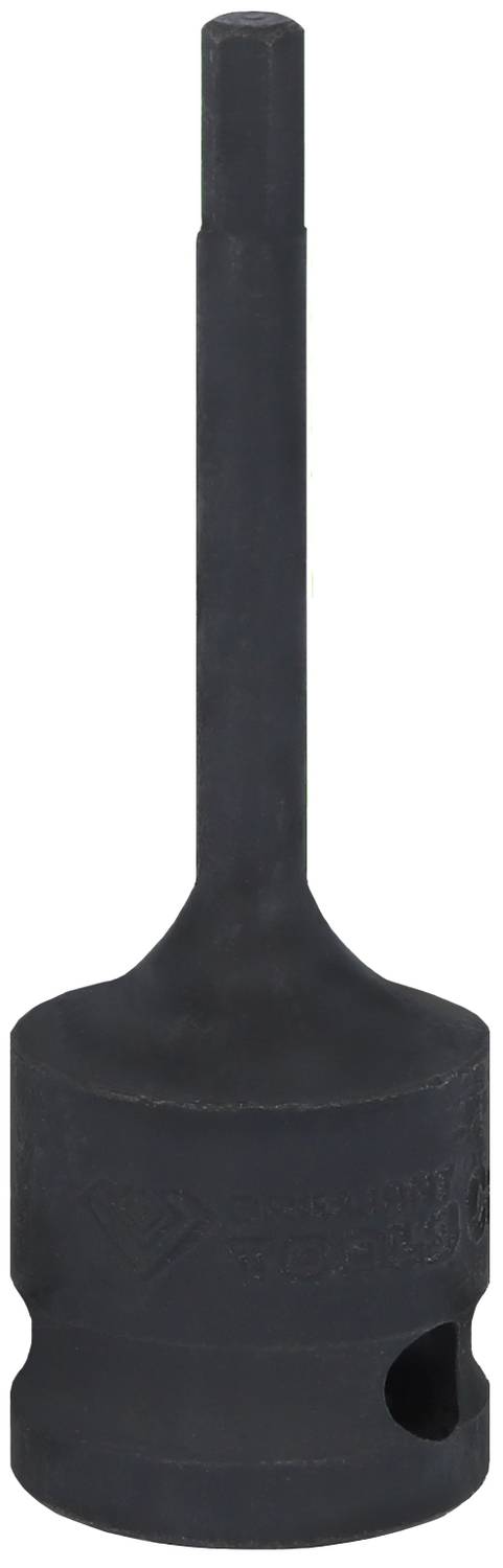Długa, czarna metalowa końcówka narzędziowa. Odpowiednia do zastosowań maszynowych, prawdopodobnie do mocowania lub montażu.