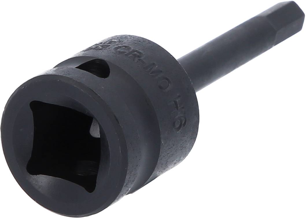 Czarny nasadowy klucz z metalu, o sześciokątnym gnieździe i kwadratowym otworze, odpowiedni do narzędzi pneumatycznych.