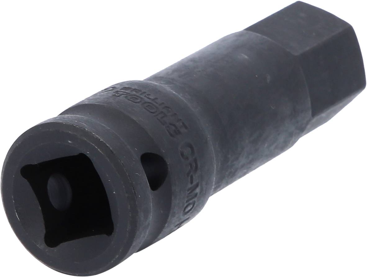 Czarny sześciokątny adapter do klucza udarowego, zakończony kwadratową główką do mocowania narzędzi śrubujących.