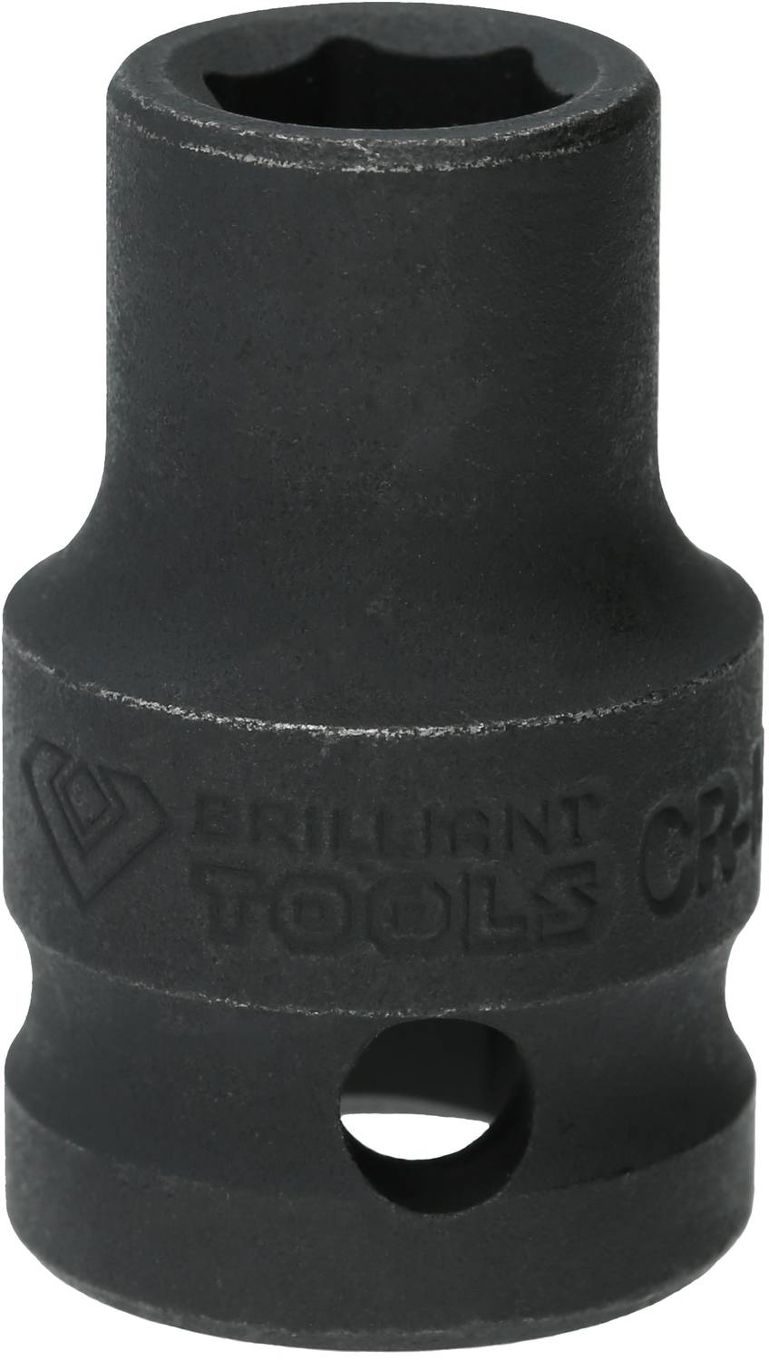 Czarna wtyczka z gniazdem sześciokątnym wewnętrznie. Na powierzchni wygrawerowany jest tekst 'BRILLIANT TOOLS'.