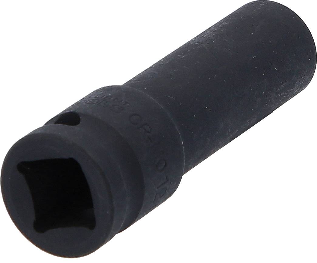 Czarna nakrętka sześciokątna z otworem, odpowiednia do użycia z kluczem lub grzechotką.