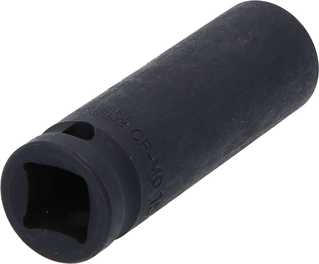 Czarny, cylindryczny łącznik z kwadratowym otworem na białym tle. Często używany do prac ślusarskich.