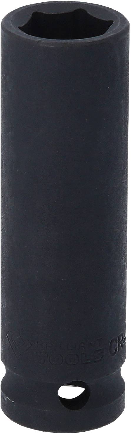 Czarny klucz nasadowy wykonany z metalu, cylindryczny z sześciokątnym otworem, przeznaczony do dokręcania lub odkręcania nakrętek.