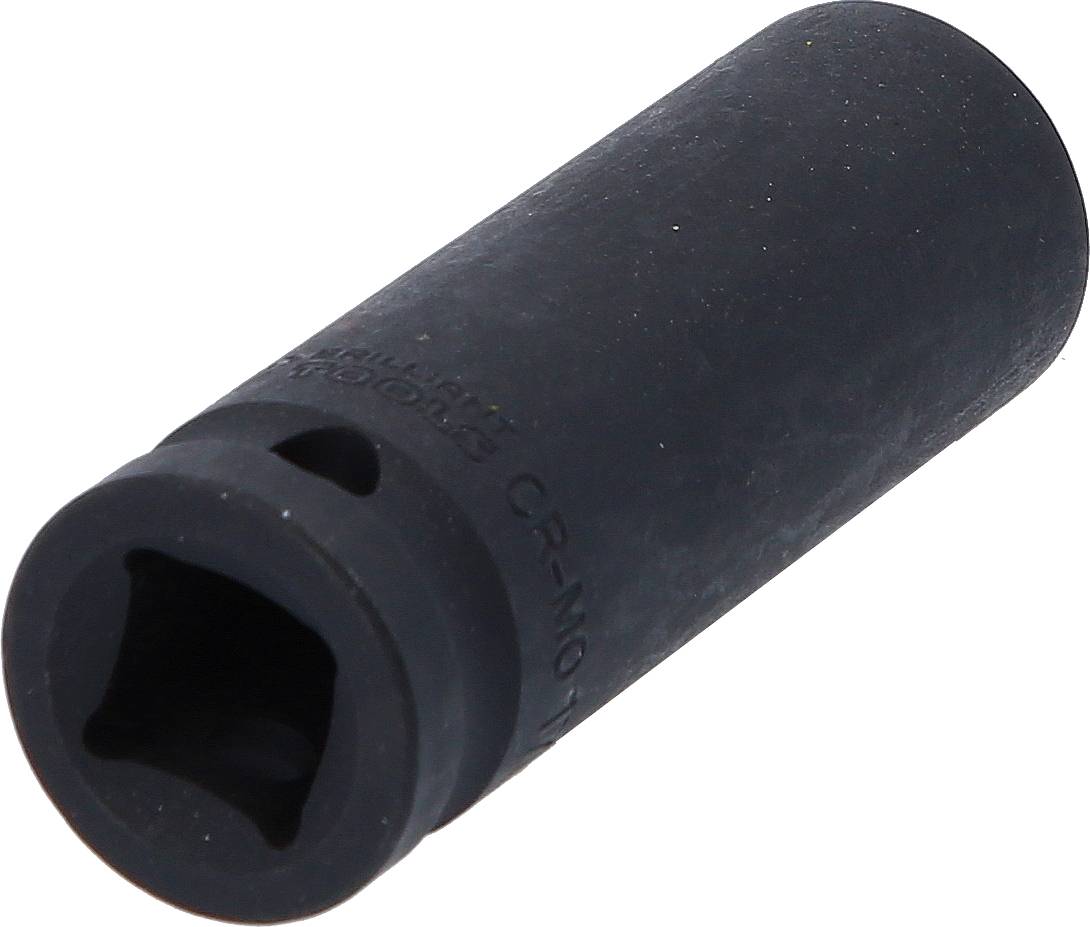 Czarny sworzeń z nakrętką, cylindryczny, z kwadratowym otworem, przeznaczony do użycia z kluczem lub grzechotką.