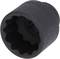 Czarna nakrętka z rowkowaną krawędzią wewnętrzną, przeznaczona do użycia z kluczem nasadowym, na białym tle.